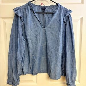 J Crew Chambray Ruffled Long Sleeve Top